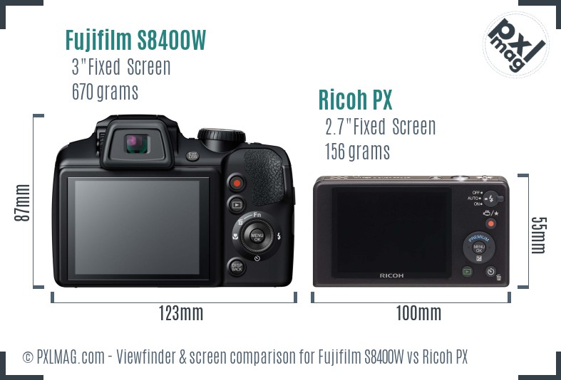 Fujifilm S8400W vs Ricoh PX Screen and Viewfinder comparison