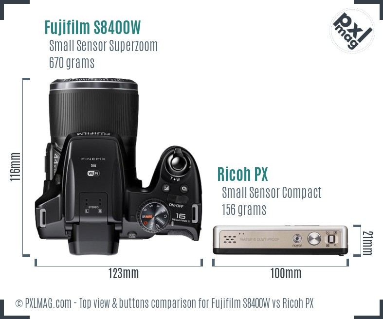 Fujifilm S8400W vs Ricoh PX top view buttons comparison