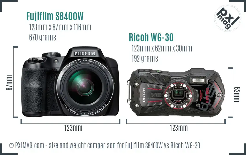 Fujifilm S8400W vs Ricoh WG-30 size comparison