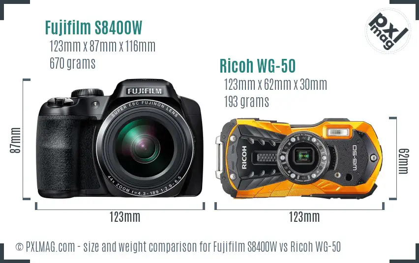Fujifilm S8400W vs Ricoh WG-50 size comparison
