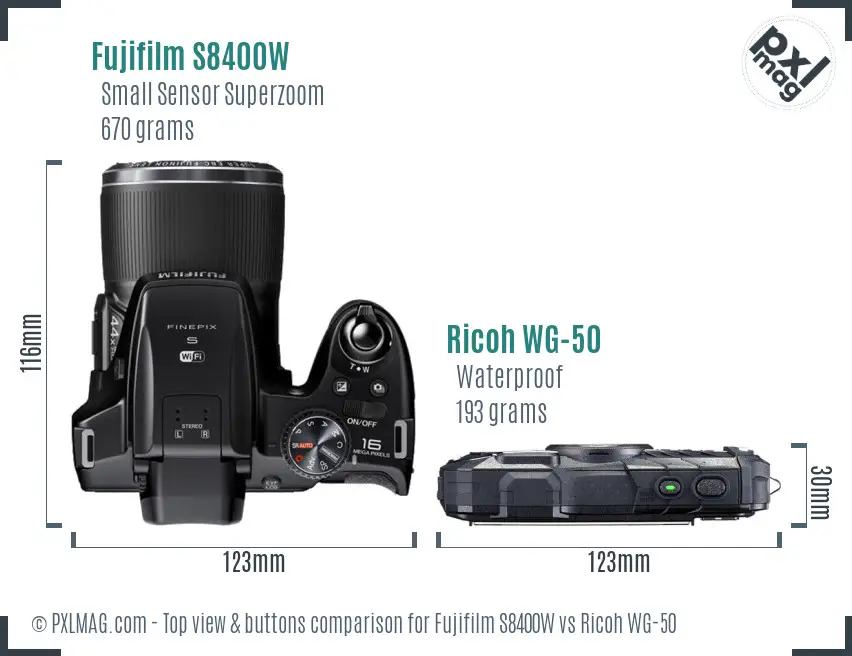Fujifilm S8400W vs Ricoh WG-50 top view buttons comparison