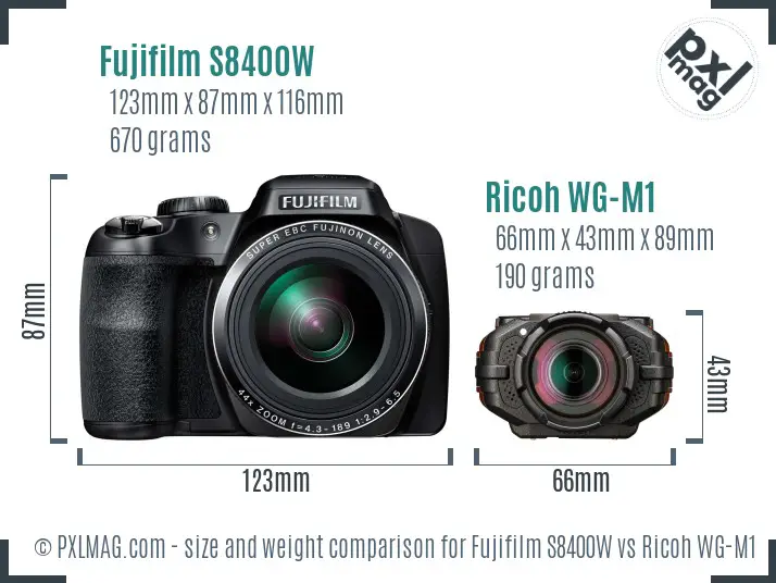 Fujifilm S8400W vs Ricoh WG-M1 size comparison
