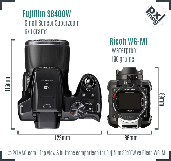 Fujifilm S8400W vs Ricoh WG-M1 top view buttons comparison