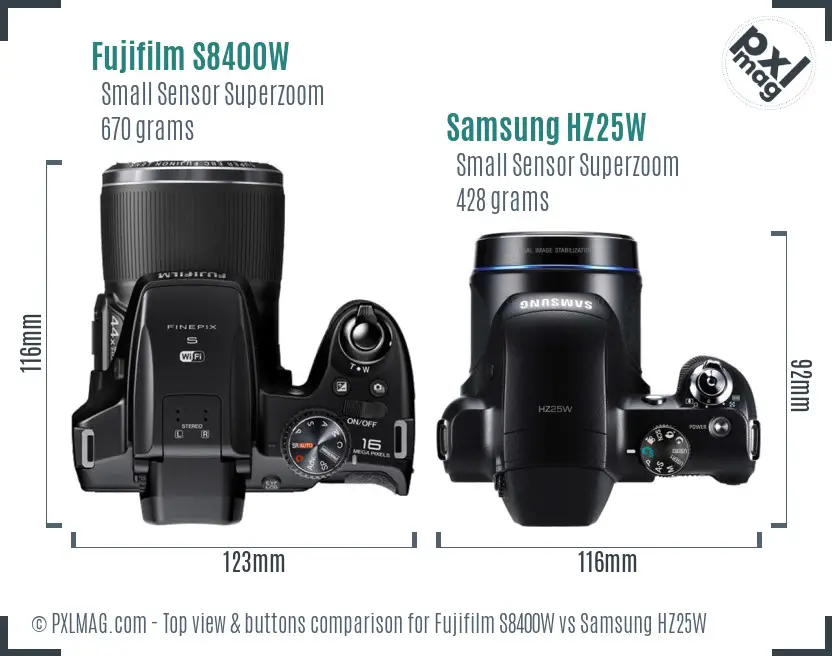 Fujifilm S8400W vs Samsung HZ25W top view buttons comparison
