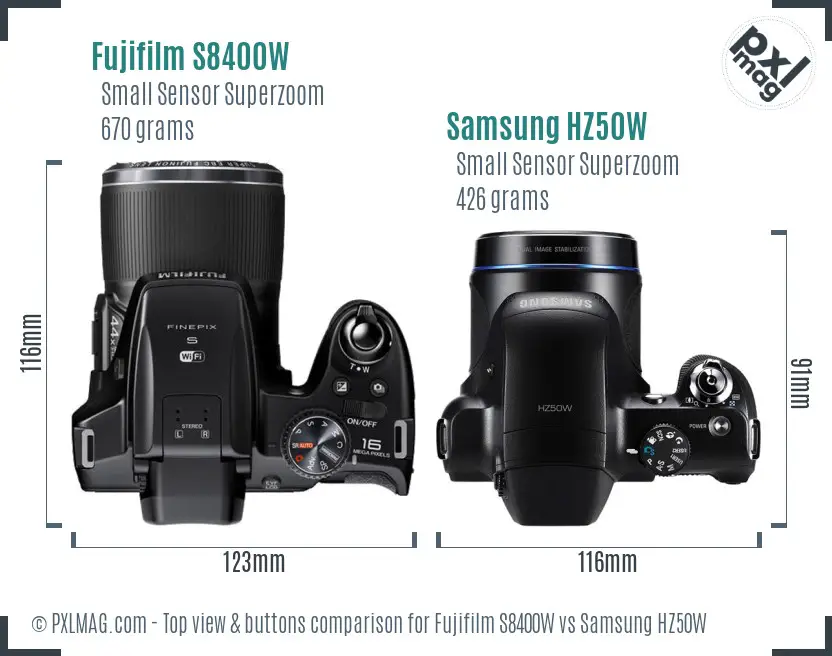 Fujifilm S8400W vs Samsung HZ50W top view buttons comparison