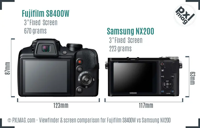 Fujifilm S8400W vs Samsung NX200 Screen and Viewfinder comparison