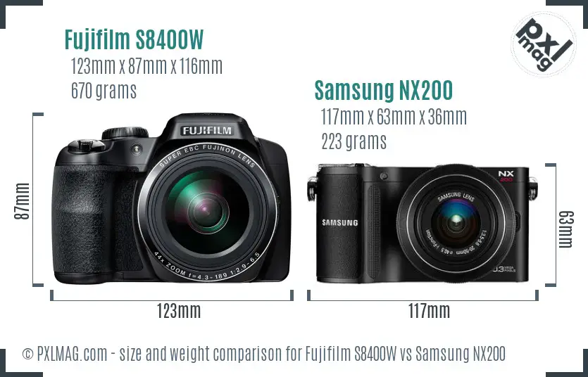 Fujifilm S8400W vs Samsung NX200 size comparison