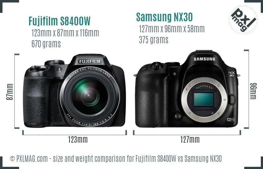 Fujifilm S8400W vs Samsung NX30 size comparison