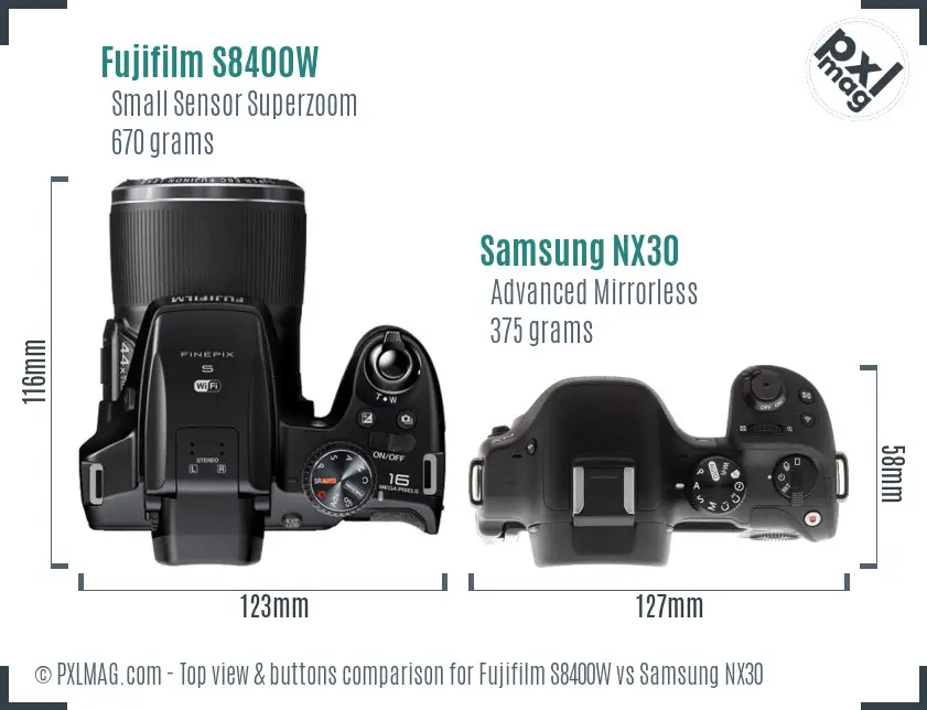 Fujifilm S8400W vs Samsung NX30 top view buttons comparison