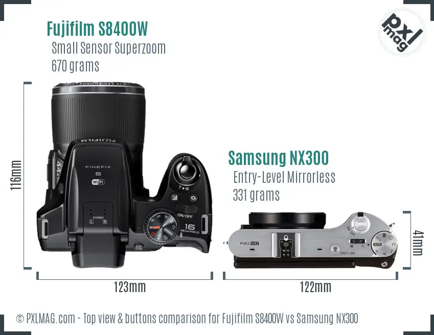 Fujifilm S8400W vs Samsung NX300 top view buttons comparison Fujifilm S8400W vs Samsung NX300 top view buttons comparison