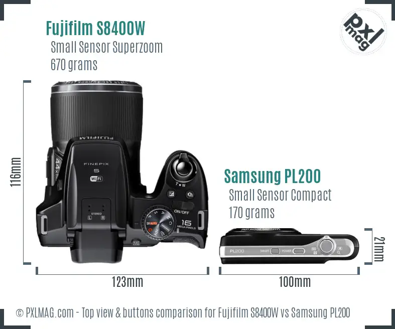 Fujifilm S8400W vs Samsung PL200 top view buttons comparison Fujifilm S8400W vs Samsung PL200 top view buttons comparison