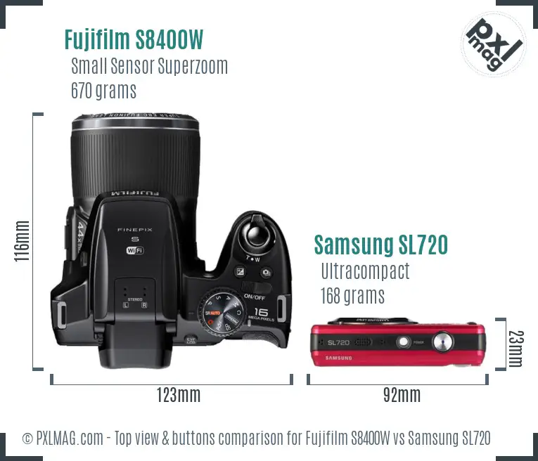 Fujifilm S8400W vs Samsung SL720 top view buttons comparison