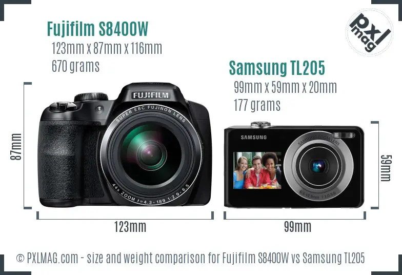 Fujifilm S8400W vs Samsung TL205 size comparison