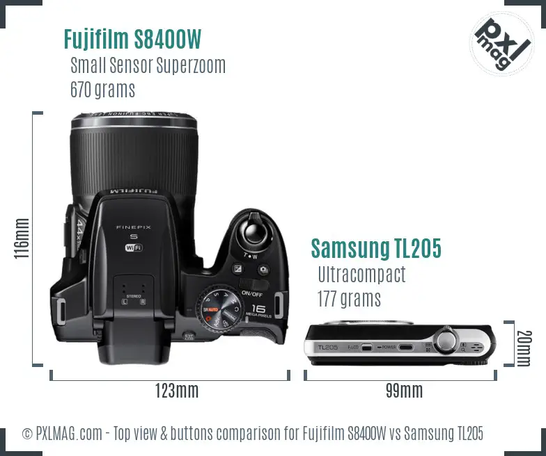 Fujifilm S8400W vs Samsung TL205 top view buttons comparison