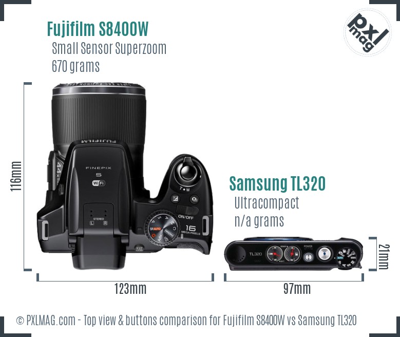 Fujifilm S8400W vs Samsung TL320 top view buttons comparison