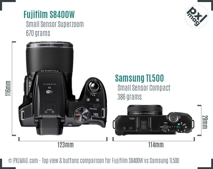 Fujifilm S8400W vs Samsung TL500 top view buttons comparison