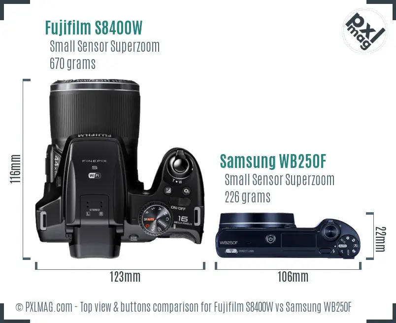 Fujifilm S8400W vs Samsung WB250F top view buttons comparison