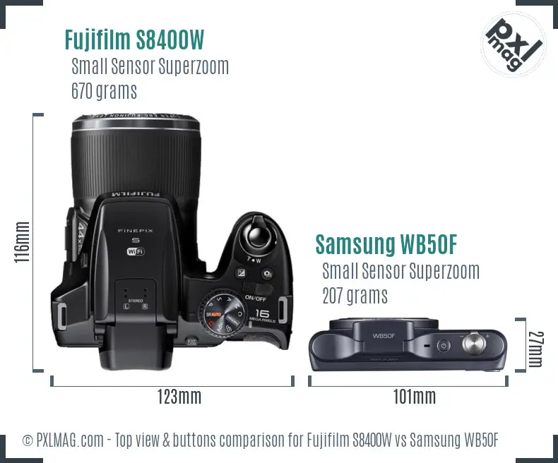 Fujifilm S8400W vs Samsung WB50F top view buttons comparison
