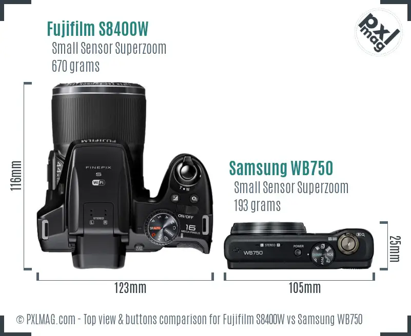 Fujifilm S8400W vs Samsung WB750 top view buttons comparison