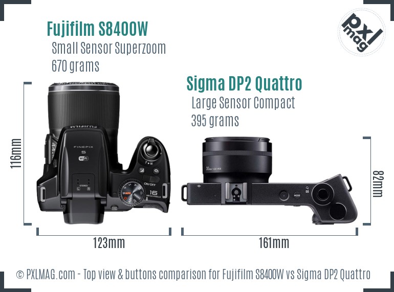 Fujifilm S8400W vs Sigma DP2 Quattro top view buttons comparison