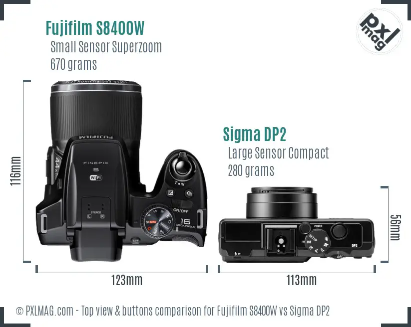 Fujifilm S8400W vs Sigma DP2 top view buttons comparison Fujifilm S8400W vs Sigma DP2 top view buttons comparison