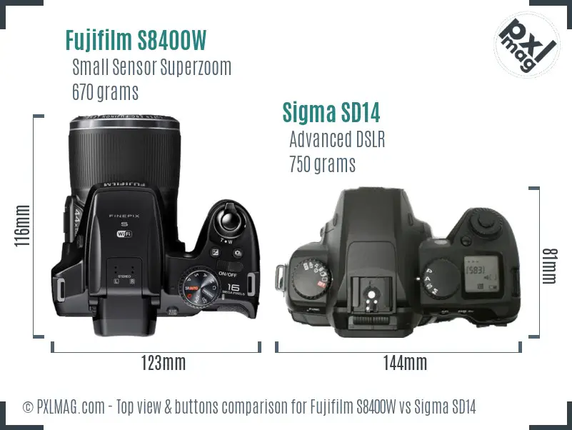 Fujifilm S8400W vs Sigma SD14 top view buttons comparison Fujifilm S8400W vs Sigma SD14 top view buttons comparison