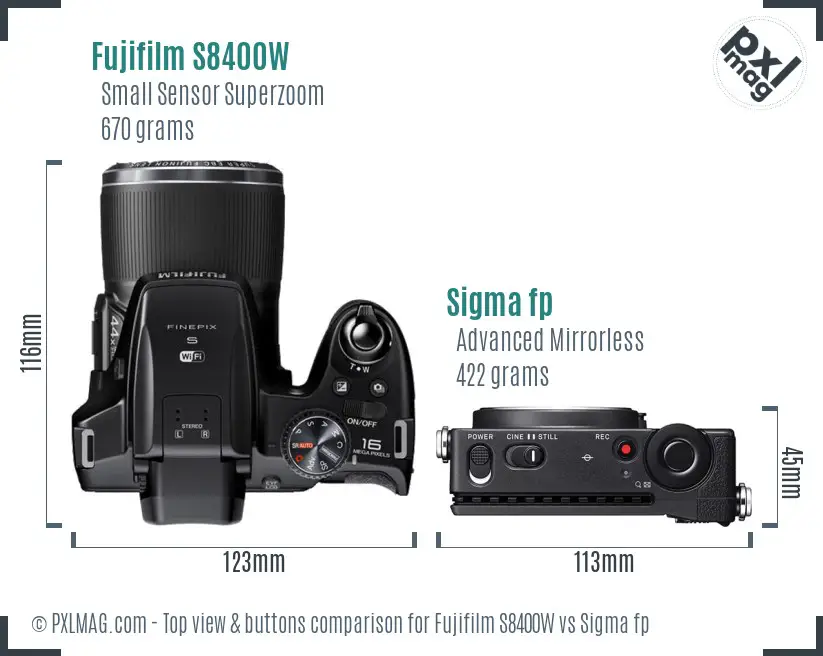 Fujifilm S8400W vs Sigma fp top view buttons comparison
