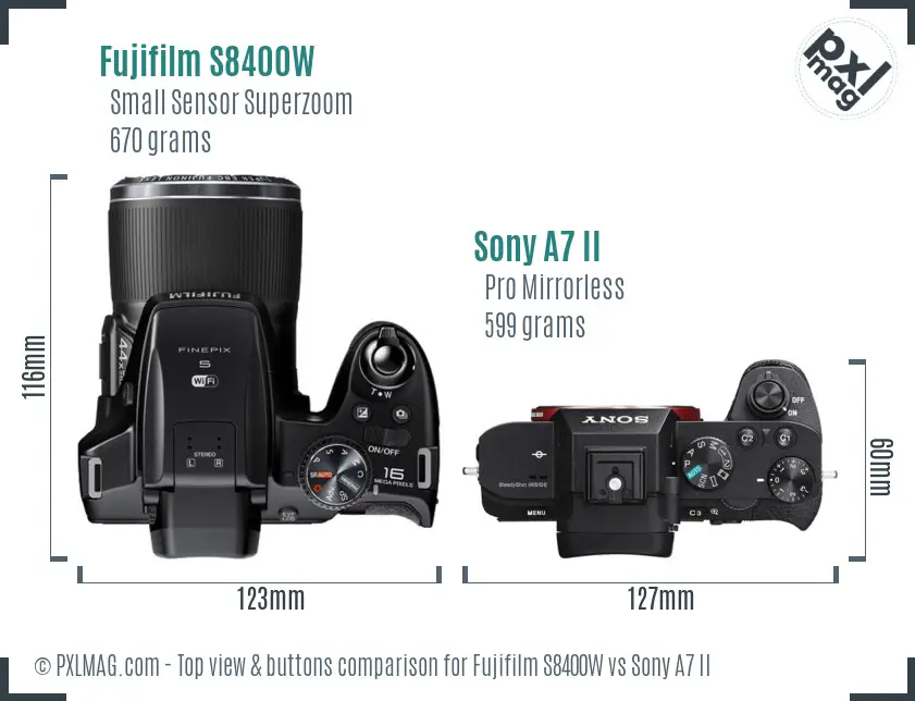 Fujifilm S8400W vs Sony A7 II top view buttons comparison