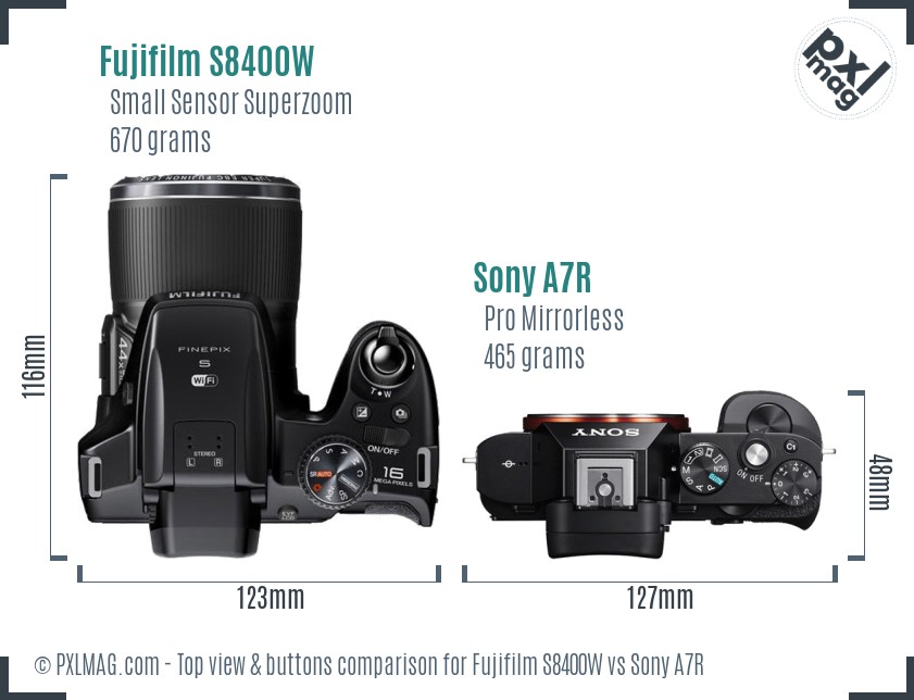 Fujifilm S8400W vs Sony A7R top view buttons comparison
