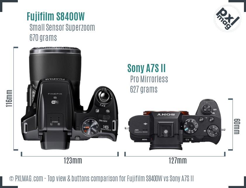 Fujifilm S8400W vs Sony A7S II top view buttons comparison