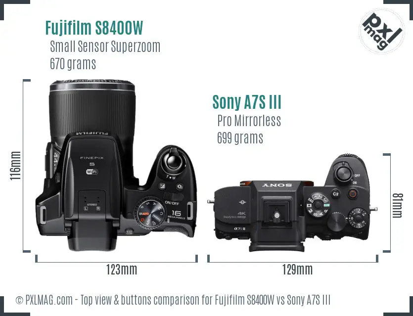 Fujifilm S8400W vs Sony A7S III top view buttons comparison