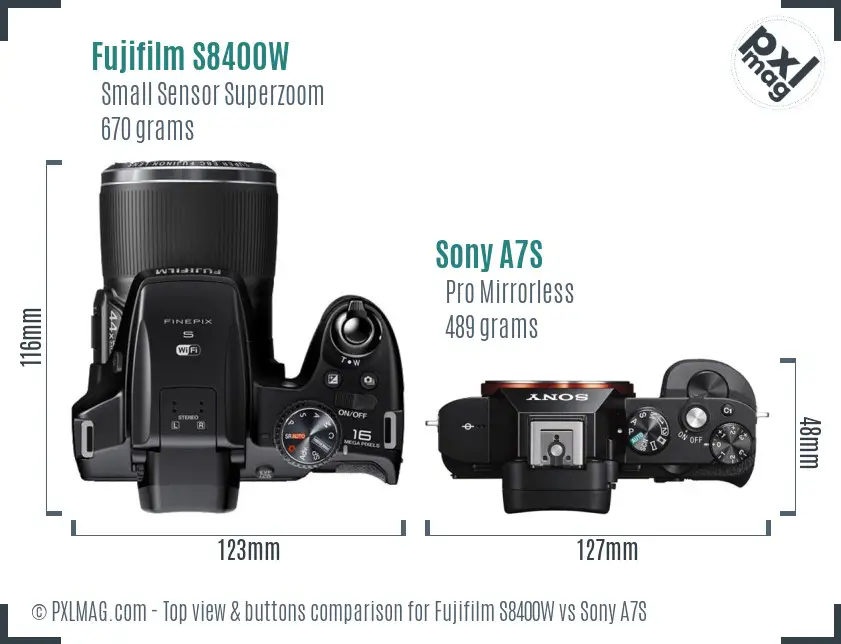 Fujifilm S8400W vs Sony A7S top view buttons comparison