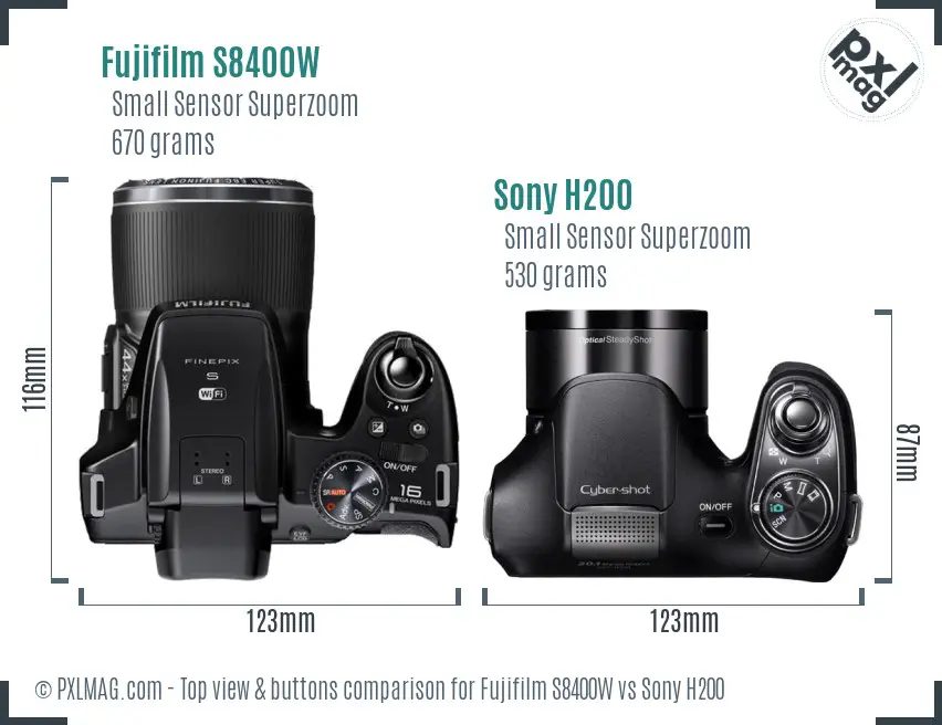 Fujifilm S8400W vs Sony H200 top view buttons comparison Fujifilm S8400W vs Sony H200 top view buttons comparison