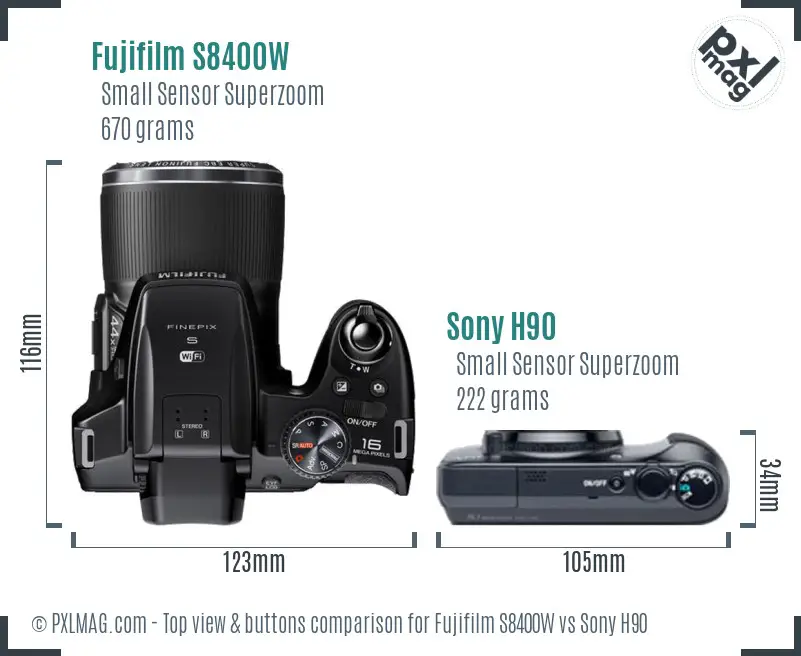 Fujifilm S8400W vs Sony H90 top view buttons comparison Fujifilm S8400W vs Sony H90 top view buttons comparison
