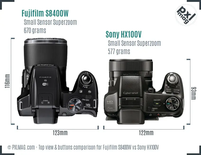 Fujifilm S8400W vs Sony HX100V top view buttons comparison