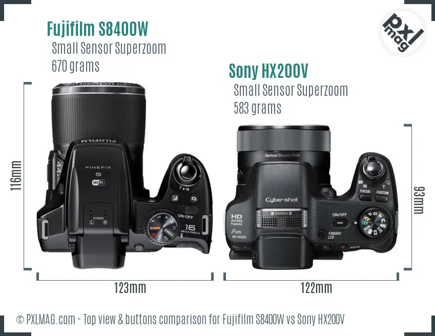 Fujifilm S8400W vs Sony HX200V top view buttons comparison