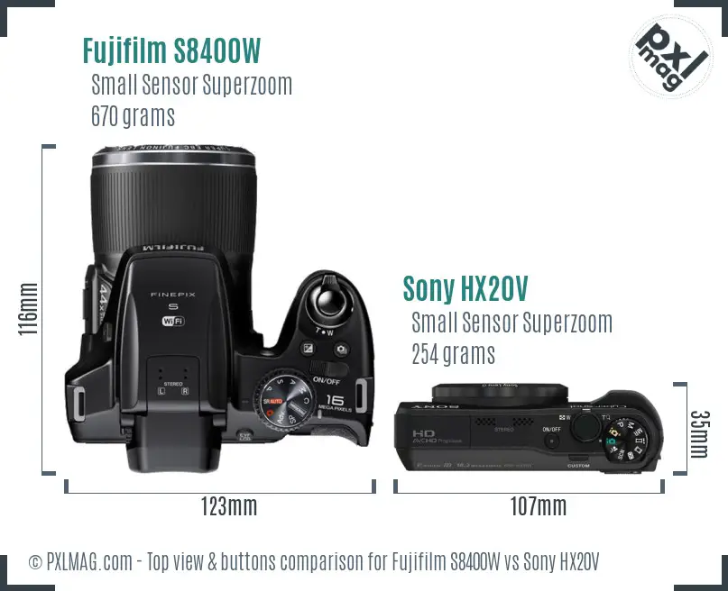 Fujifilm S8400W vs Sony HX20V top view buttons comparison