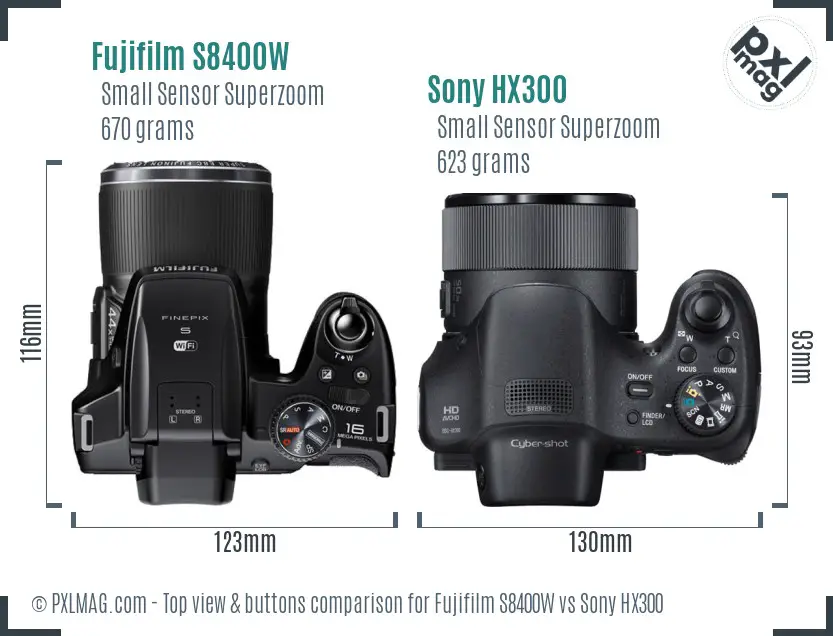 Fujifilm S8400W vs Sony HX300 top view buttons comparison Fujifilm S8400W vs Sony HX300 top view buttons comparison