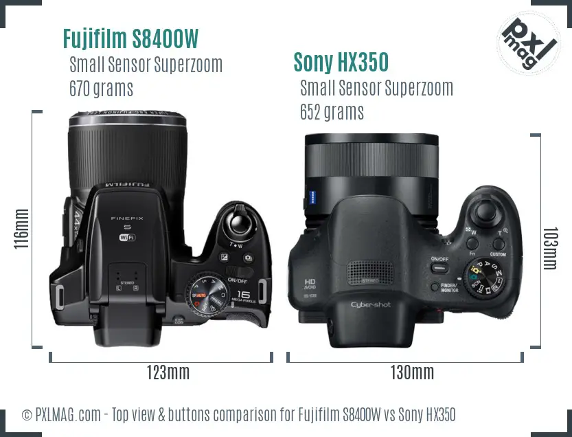 Fujifilm S8400W vs Sony HX350 top view buttons comparison