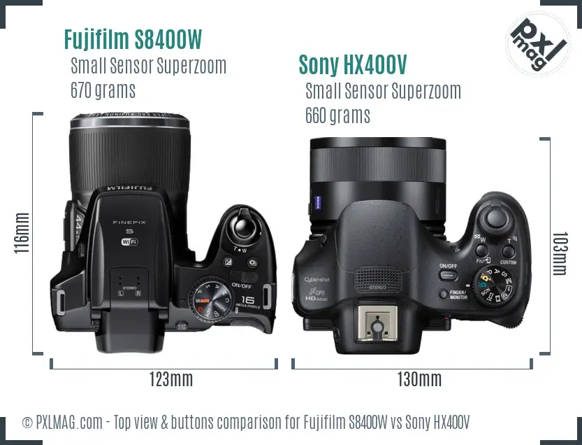 Fujifilm S8400W vs Sony HX400V top view buttons comparison