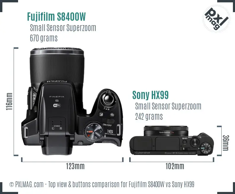Fujifilm S8400W vs Sony HX99 top view buttons comparison