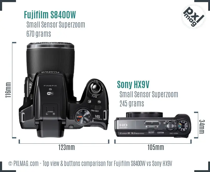 Fujifilm S8400W vs Sony HX9V top view buttons comparison