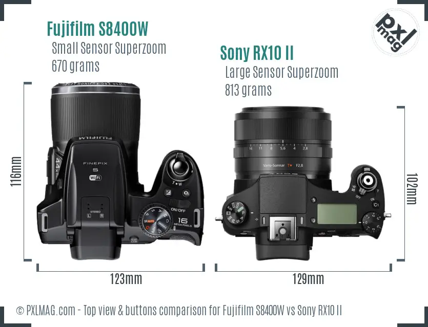 Fujifilm S8400W vs Sony RX10 II top view buttons comparison