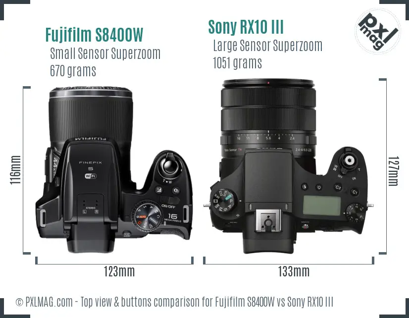 Fujifilm S8400W vs Sony RX10 III top view buttons comparison