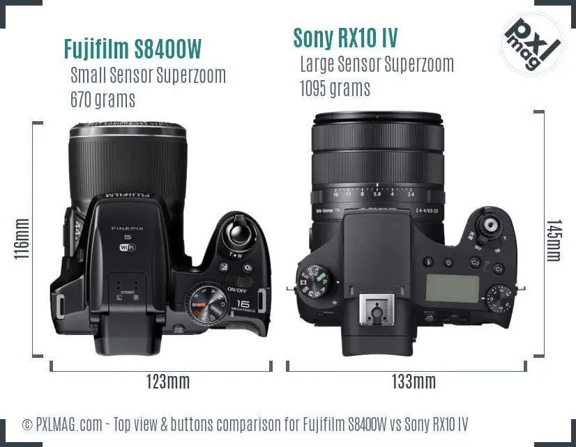 Fujifilm S8400W vs Sony RX10 IV top view buttons comparison