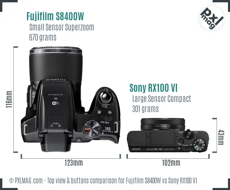 Fujifilm S8400W vs Sony RX100 VI top view buttons comparison