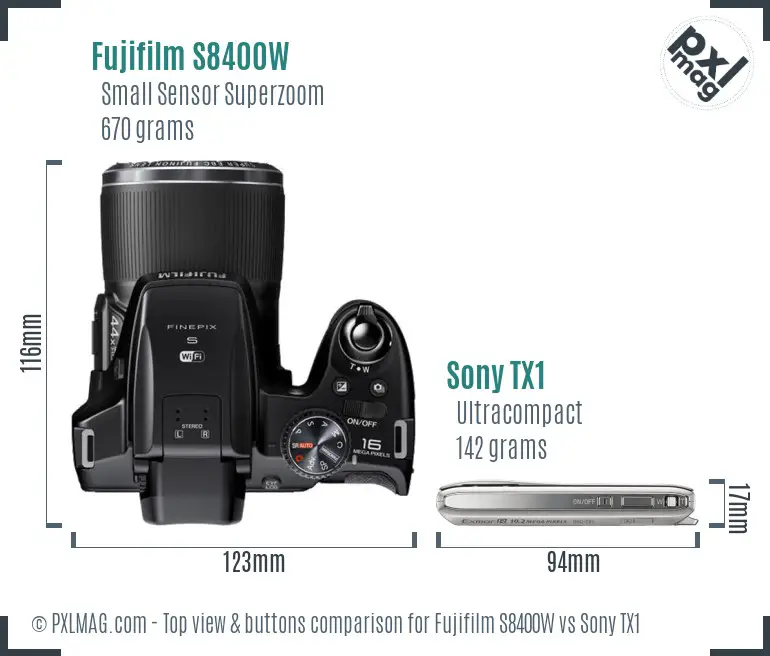 Fujifilm S8400W vs Sony TX1 top view buttons comparison