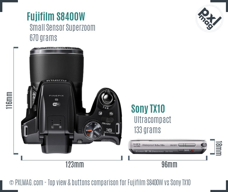 Fujifilm S8400W vs Sony TX10 top view buttons comparison