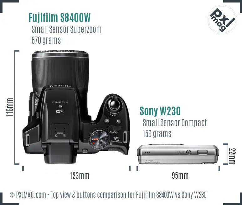 Fujifilm S8400W vs Sony W230 top view buttons comparison