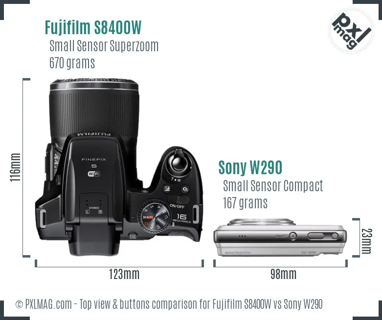 Fujifilm S8400W vs Sony W290 top view buttons comparison Fujifilm S8400W vs Sony W290 top view buttons comparison